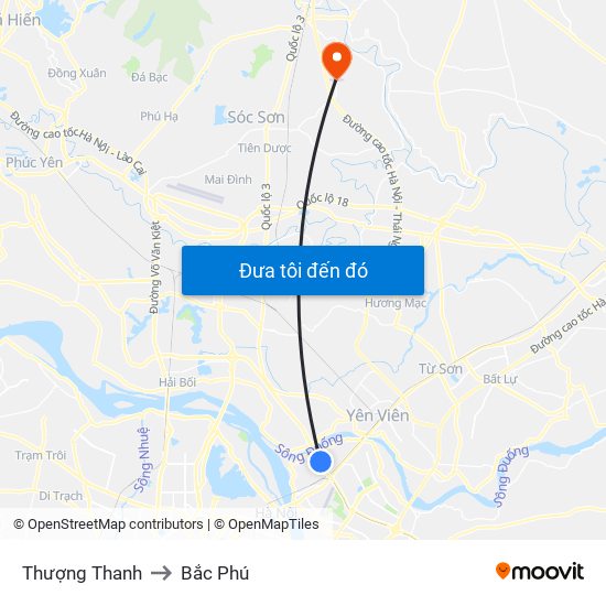 Thượng Thanh to Bắc Phú map