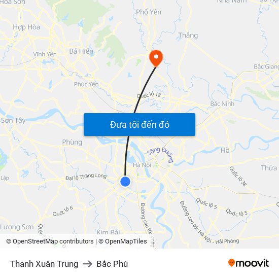 Thanh Xuân Trung to Bắc Phú map