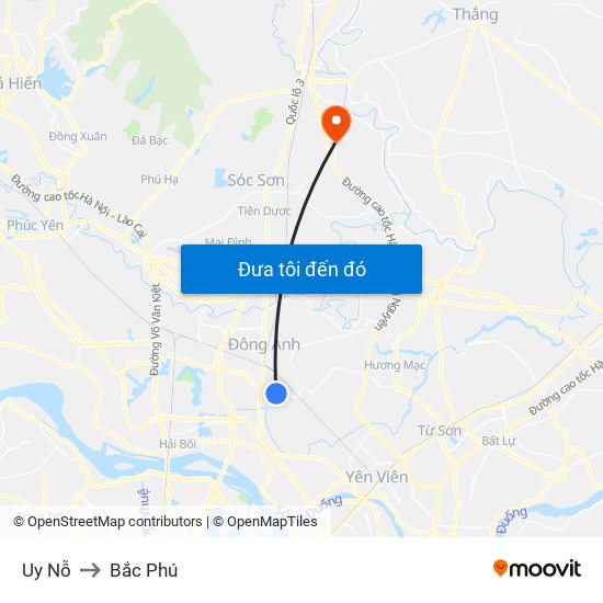 Uy Nỗ to Bắc Phú map