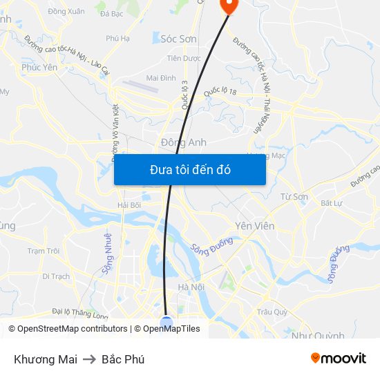 Khương Mai to Bắc Phú map