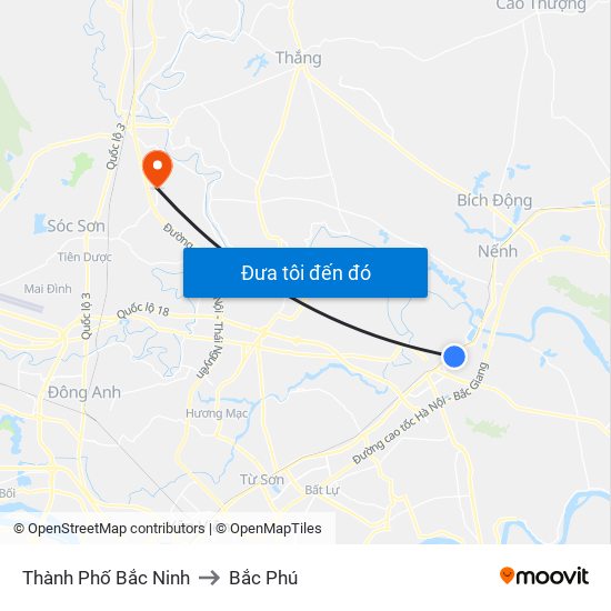 Thành Phố Bắc Ninh to Bắc Phú map