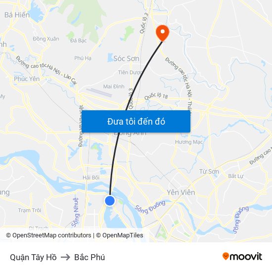 Quận Tây Hồ to Bắc Phú map