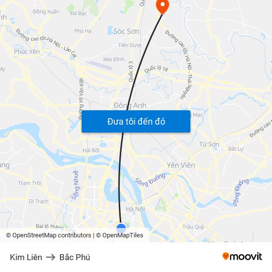 Kim Liên to Bắc Phú map