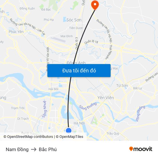 Nam Đồng to Bắc Phú map