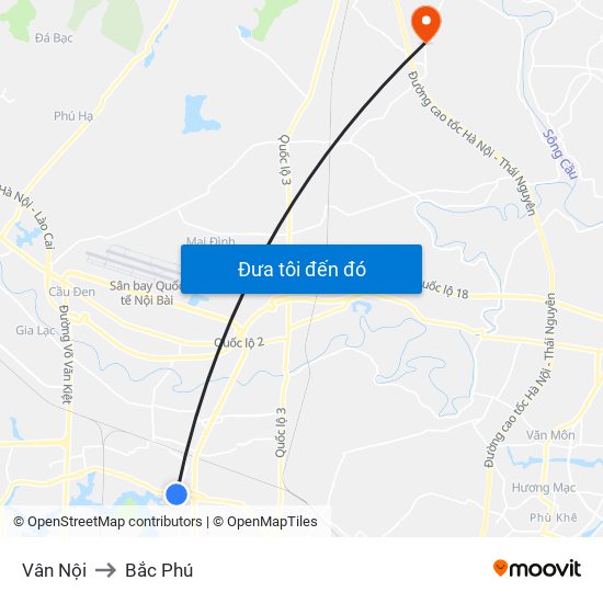 Vân Nội to Bắc Phú map