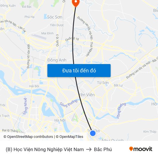 (B) Học Viện Nông Nghiệp Việt Nam to Bắc Phú map