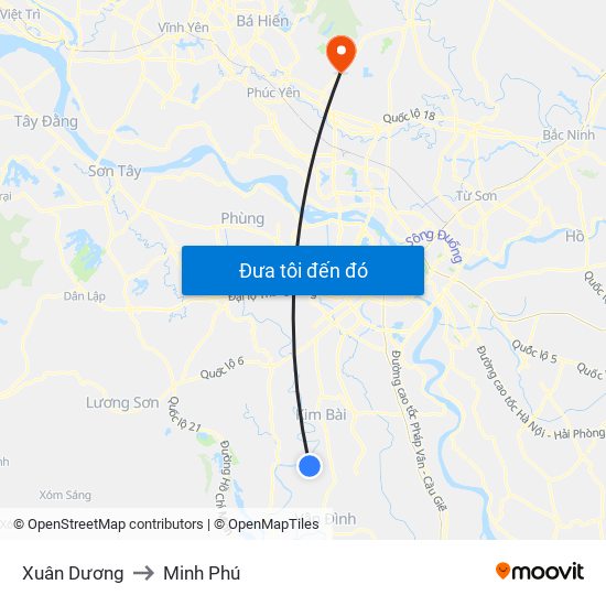 Xuân Dương to Minh Phú map