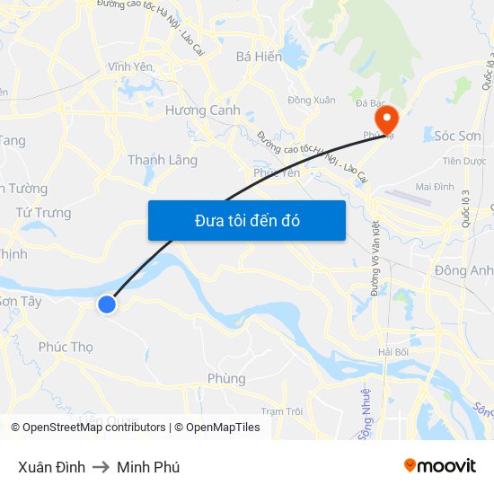 Xuân Đình to Minh Phú map