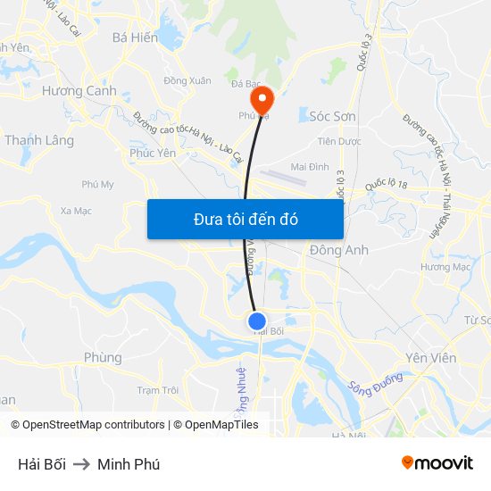 Hải Bối to Minh Phú map