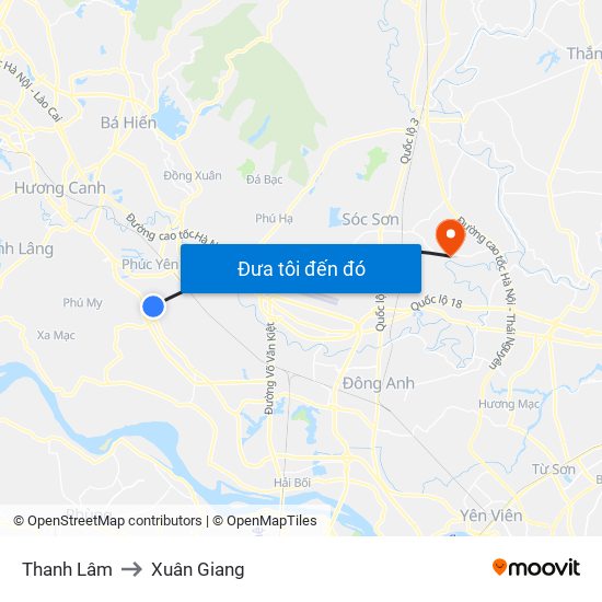 Thanh Lâm to Xuân Giang map