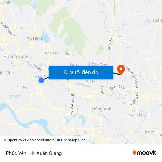 Phúc Yên to Xuân Giang map