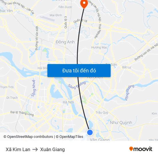 Xã Kim Lan to Xuân Giang map