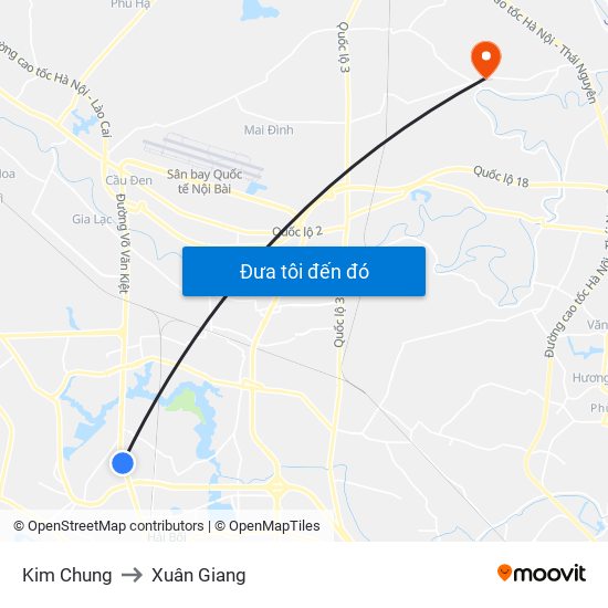 Kim Chung to Xuân Giang map