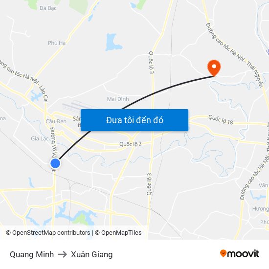 Quang Minh to Xuân Giang map
