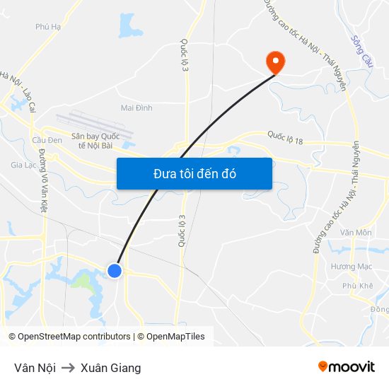 Vân Nội to Xuân Giang map