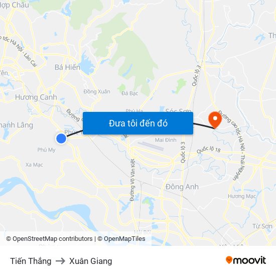 Tiến Thắng to Xuân Giang map