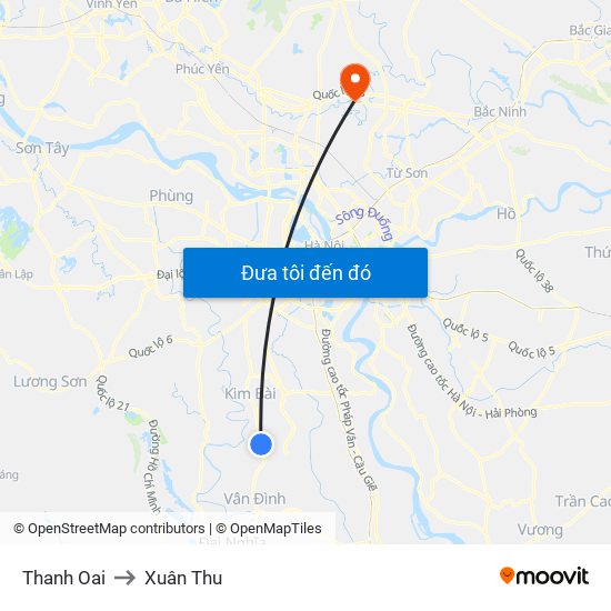 Thanh Oai to Xuân Thu map
