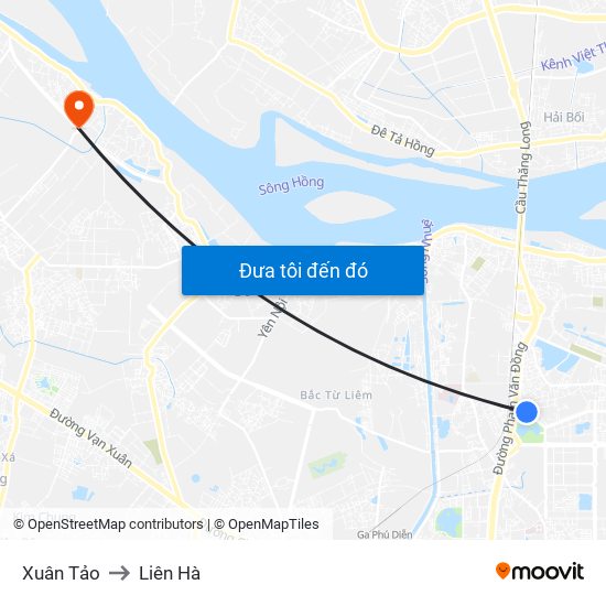 Xuân Tảo to Liên Hà map