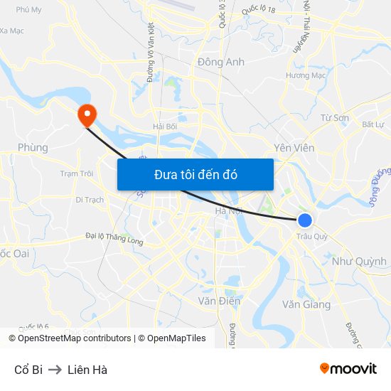 Cổ Bi to Liên Hà map