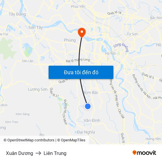 Xuân Dương to Liên Trung map