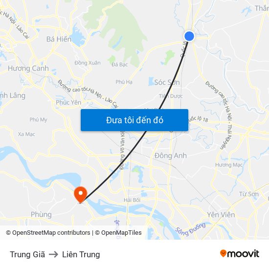 Trung Giã to Liên Trung map