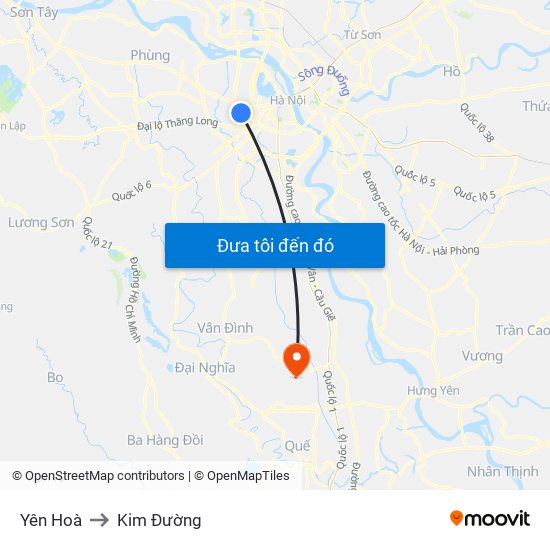 Yên Hoà to Kim Đường map