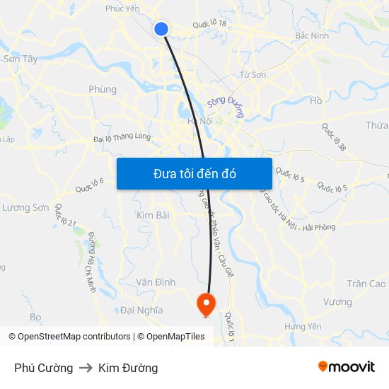 Phú Cường to Kim Đường map