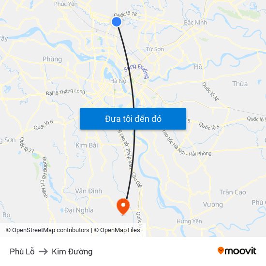 Phù Lỗ to Kim Đường map