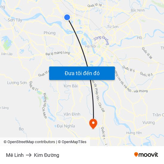 Mê Linh to Kim Đường map