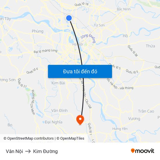 Vân Nội to Kim Đường map