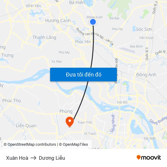 Xuân Hoà to Dương Liễu map