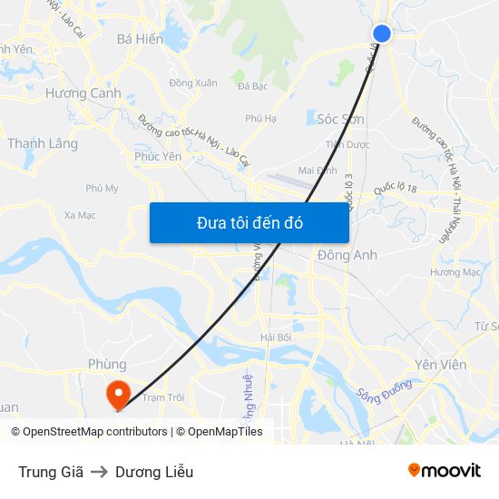 Trung Giã to Dương Liễu map