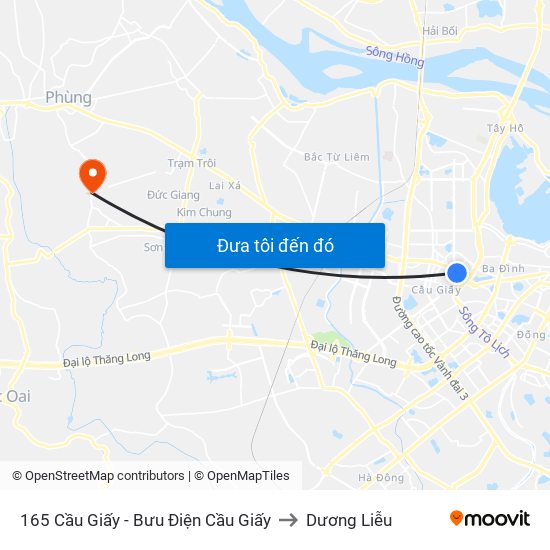 165 Cầu Giấy - Bưu Điện Cầu Giấy to Dương Liễu map