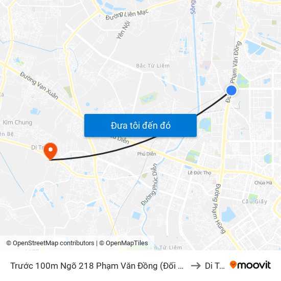 Trước 100m Ngõ 218 Phạm Văn Đồng (Đối Diện Công Viên Hòa Bình) to Di Trạch map