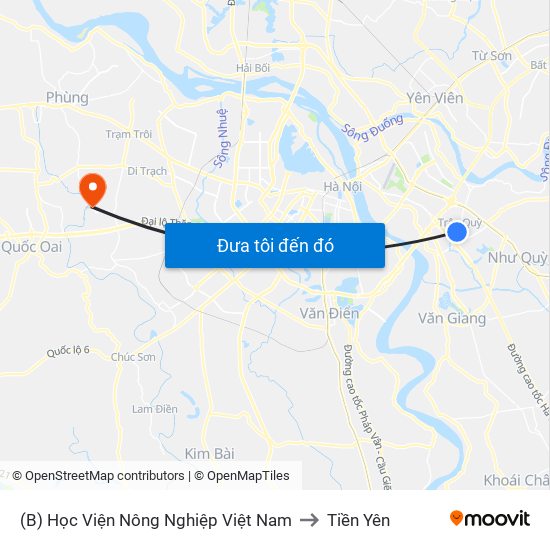 (B) Học Viện Nông Nghiệp Việt Nam to Tiền Yên map