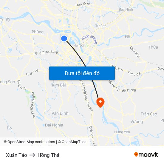 Xuân Tảo to Hồng Thái map