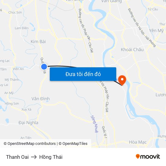 Thanh Oai to Hồng Thái map