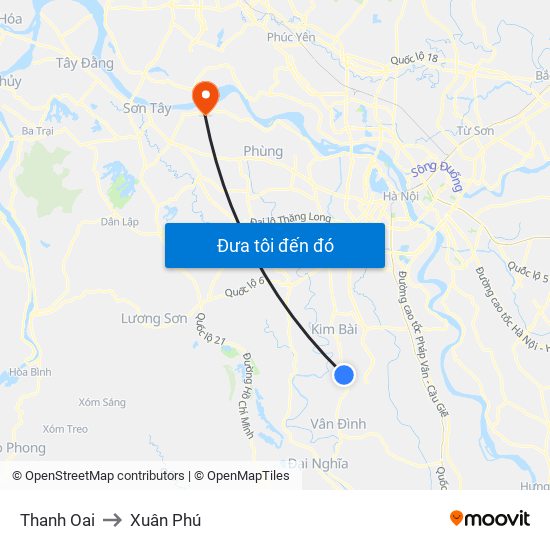 Thanh Oai to Xuân Phú map