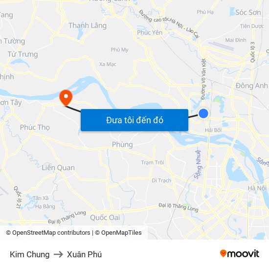Kim Chung to Xuân Phú map
