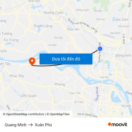 Quang Minh to Xuân Phú map