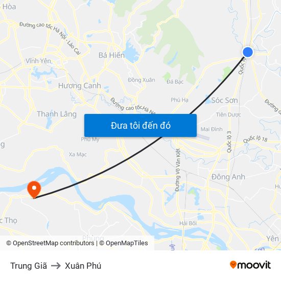 Trung Giã to Xuân Phú map