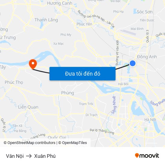 Vân Nội to Xuân Phú map