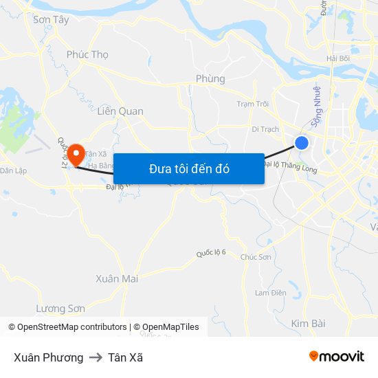 Xuân Phương to Tân Xã map