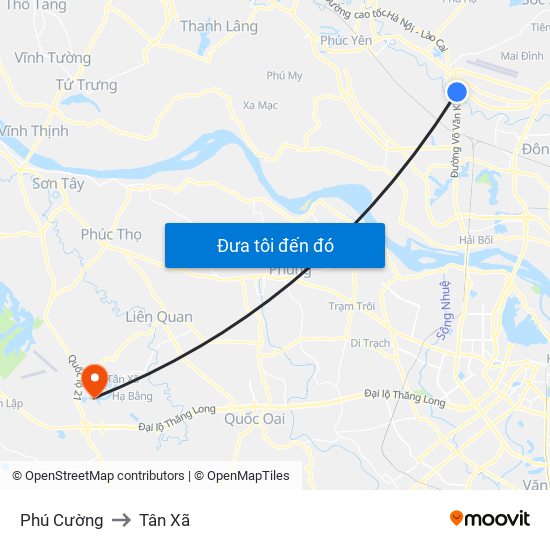 Phú Cường to Tân Xã map