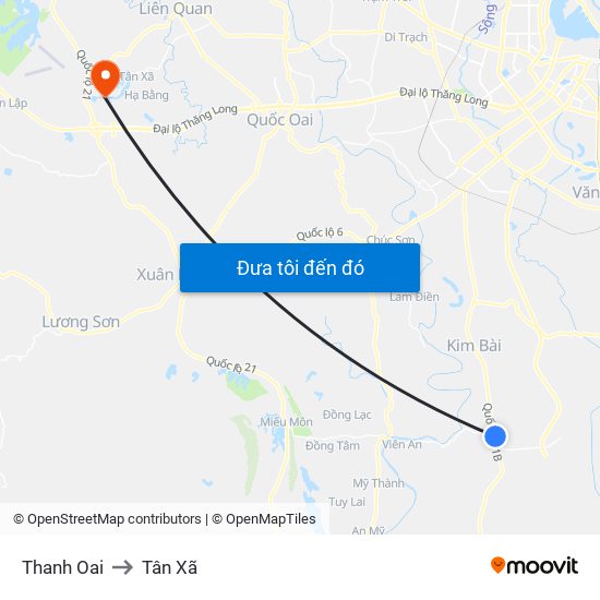 Thanh Oai to Tân Xã map