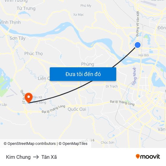 Kim Chung to Tân Xã map