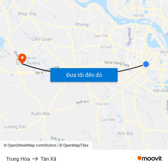 Trung Hòa to Tân Xã map