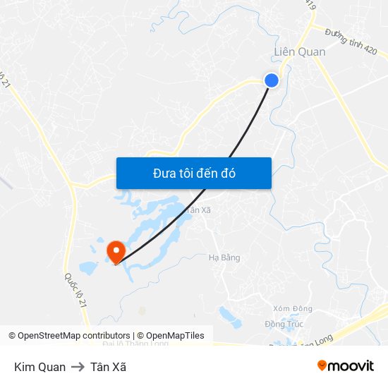 Kim Quan to Tân Xã map