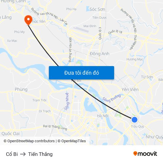 Cổ Bi to Tiến Thắng map