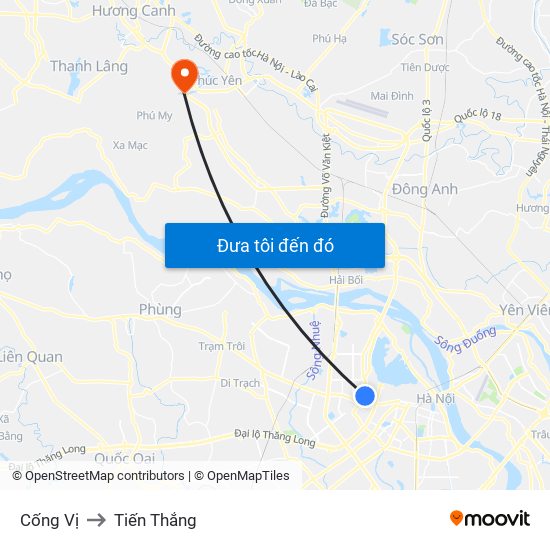 Cống Vị to Tiến Thắng map